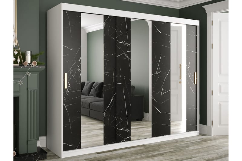 Marmuria Garderobe med Spejle Midt 250 cm Marmormønster - Hvid/Sort/Guld - Opbevaring - Tøjopbevaring - Garderobeskabe