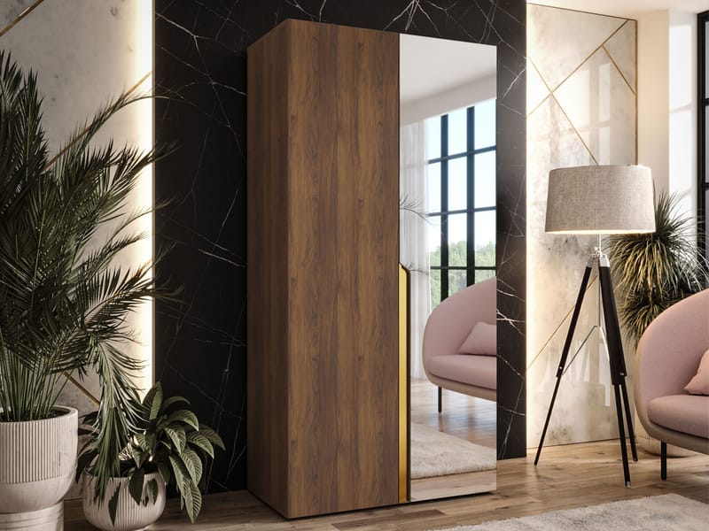 Milias Garderobe med spejl 100x202 cm - Brun/Guld - Opbevaring - Tøjopbevaring - Garderobeskabe