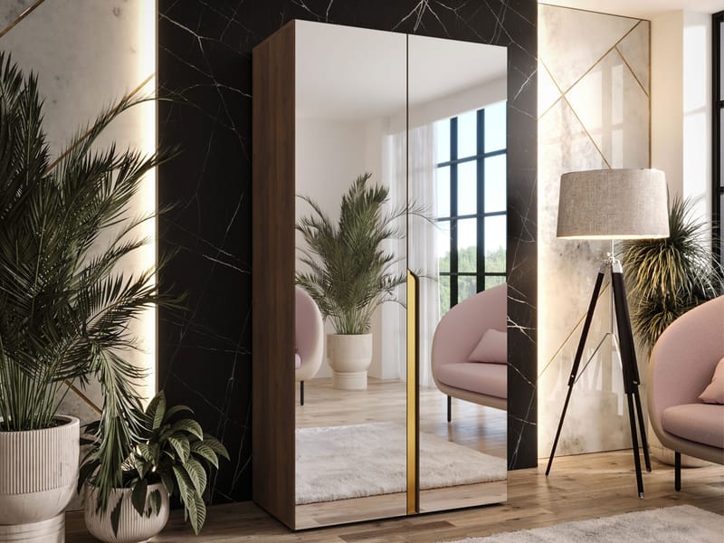 Milias Garderobe med spejl 100x202 cm - Brun/Guld - Opbevaring - Tøjopbevaring - Garderobeskabe