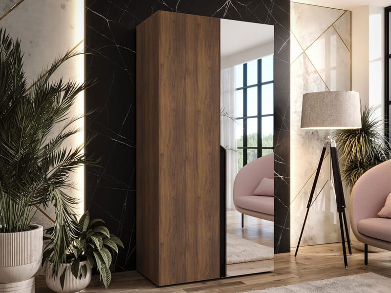 Milias Garderobe med spejl 100x202 cm - Brun/Sort - Opbevaring - Tøjopbevaring - Garderobeskabe