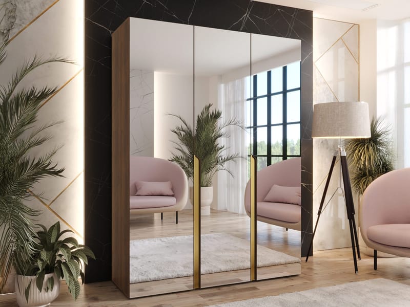 Milias Garderobe med spejl 150x202 cm - Brun/Guld - Opbevaring - Tøjopbevaring - Garderobeskabe