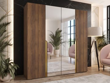 Milias Garderobe med spejl 200x202 cm - Brun/Guld - Opbevaring - Tøjopbevaring - Garderobeskabe