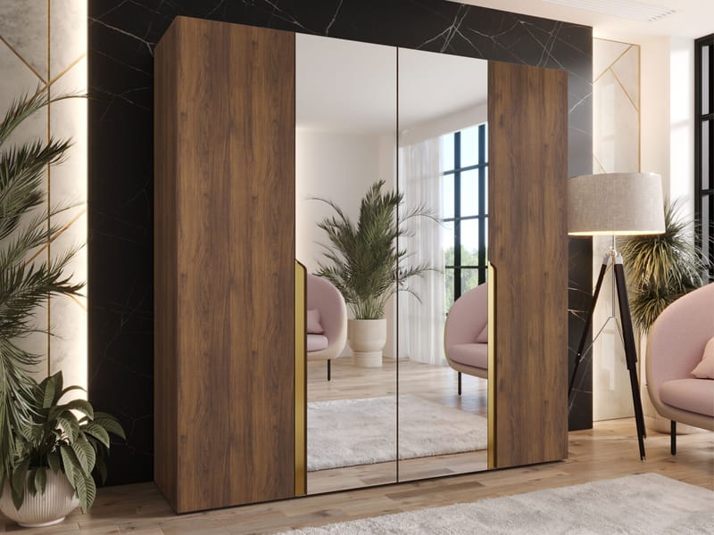 Milias Garderobe med spejl 200x202 cm - Brun/Guld - Opbevaring - Tøjopbevaring - Garderobeskabe