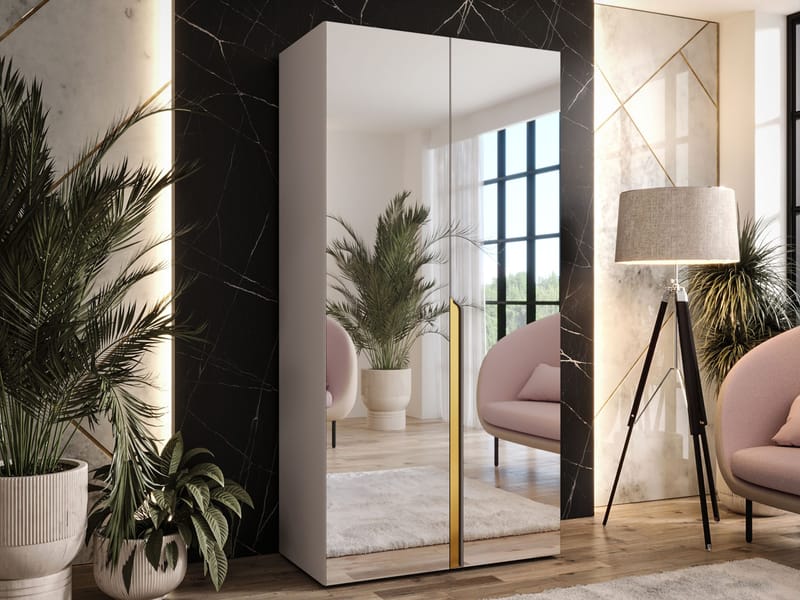 Milias Garderobeskab med spejl 100x202 cm - beige / guld - Opbevaring - Tøjopbevaring - Garderobeskabe