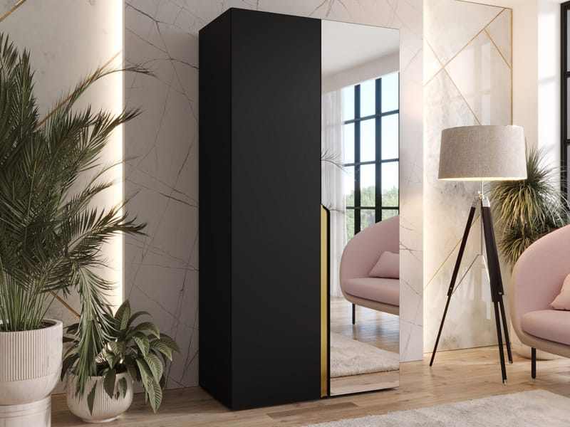 Milias Garderobeskab med spejl 100x202 cm - Guld, Sort - Opbevaring - Tøjopbevaring - Garderobeskabe