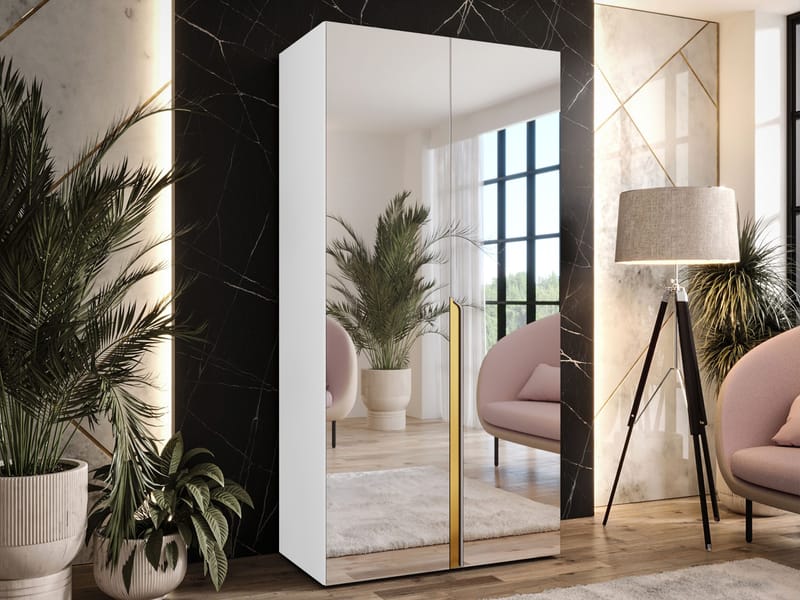 Milias Garderobeskab med spejl 100x202 cm - hvid / guld - Opbevaring - Tøjopbevaring - Garderobeskabe