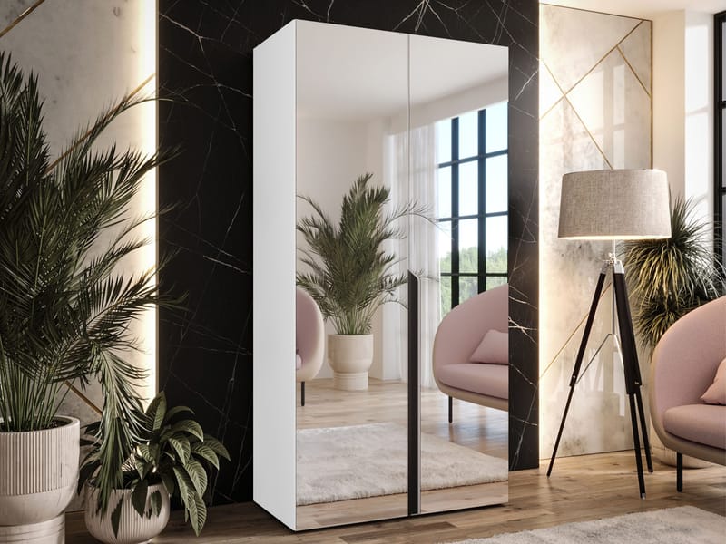 Milias Garderobeskab med spejl 100x202 cm - hvid / sort - Opbevaring - Tøjopbevaring - Garderobeskabe