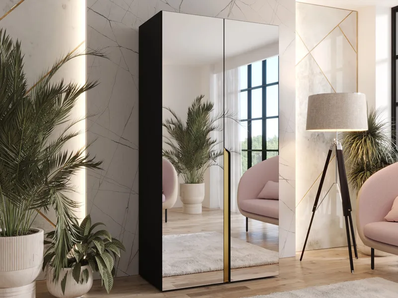 Milias Garderobeskab med spejl 100x202 cm - sort / guld - Opbevaring - Tøjopbevaring - Garderobeskabe