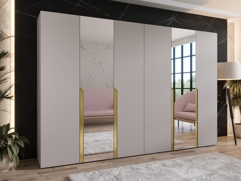 Milias Garderobeskab med spejl 300x202 cm - beige / guld - Opbevaring - Tøjopbevaring - Garderobeskabe