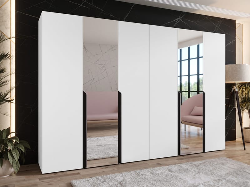 Milias Garderobeskab med spejl 300x202 cm - hvid / sort - Opbevaring - Tøjopbevaring - Garderobeskabe