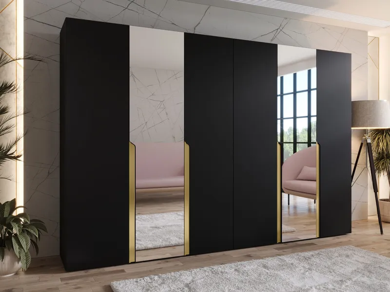 Milias Garderobeskab med spejl 300x202 cm - sort / guld - Opbevaring - Tøjopbevaring - Garderobeskabe