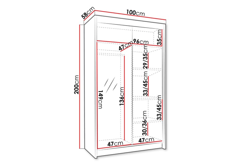 Narbonne Garderobe med Spejl 100x200 cm - Sort/Hvid - Opbevaring - Tøjopbevaring - Garderobeskabe