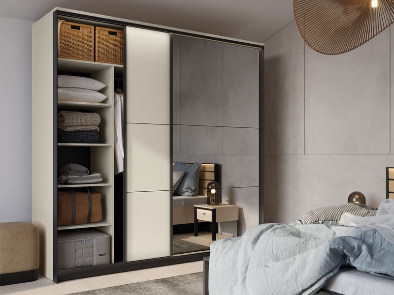 Navron Garderobeskabeskab med spejl 220x221 cm - Beige - Opbevaring - Tøjopbevaring - Garderobeskabe