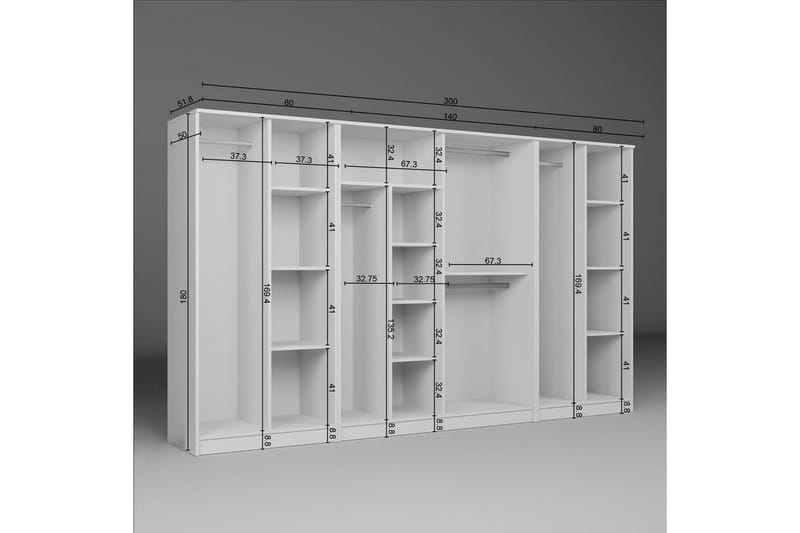 Olera Garderobesskåp 300x180 cm - Hvid - Opbevaring - Tøjopbevaring - Garderobeskabe - Garderobeskab & klædeskab