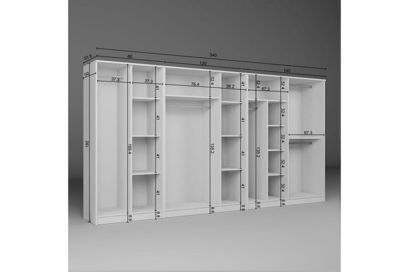 Olera Hjørnegarderobe 340x180 cm - Hvid - Opbevaring - Tøjopbevaring - Garderobeskabe - Garderobeskab & klædeskab