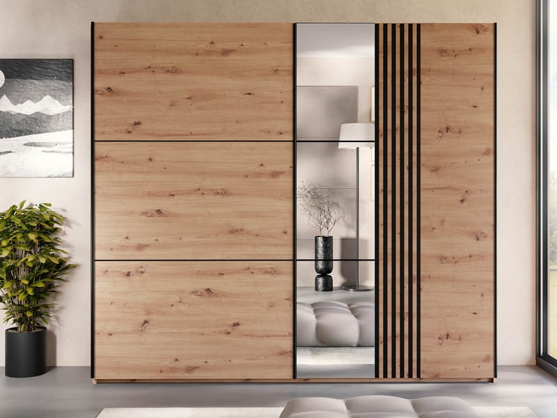 Osval Garderobeskabeskab med spejl 250x215 cm - Brun/Sort - Opbevaring - Tøjopbevaring - Garderobeskabe