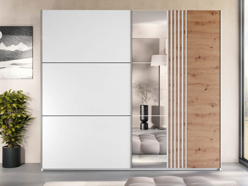 Osval Garderobeskabeskab med spejl 250x215 cm - Hvid/Brun - Opbevaring - Tøjopbevaring - Garderobeskabe