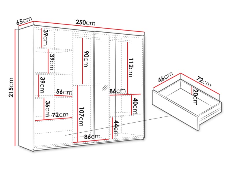 Osval Garderobeskabeskab med spejl 250x215 cm - Hvid/Brun - Opbevaring - Tøjopbevaring - Garderobeskabe
