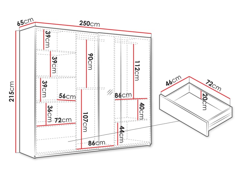 Osval Garderobeskabeskab med spejl 250x215 cm - Hvid/Brun - Opbevaring - Tøjopbevaring - Garderobeskabe