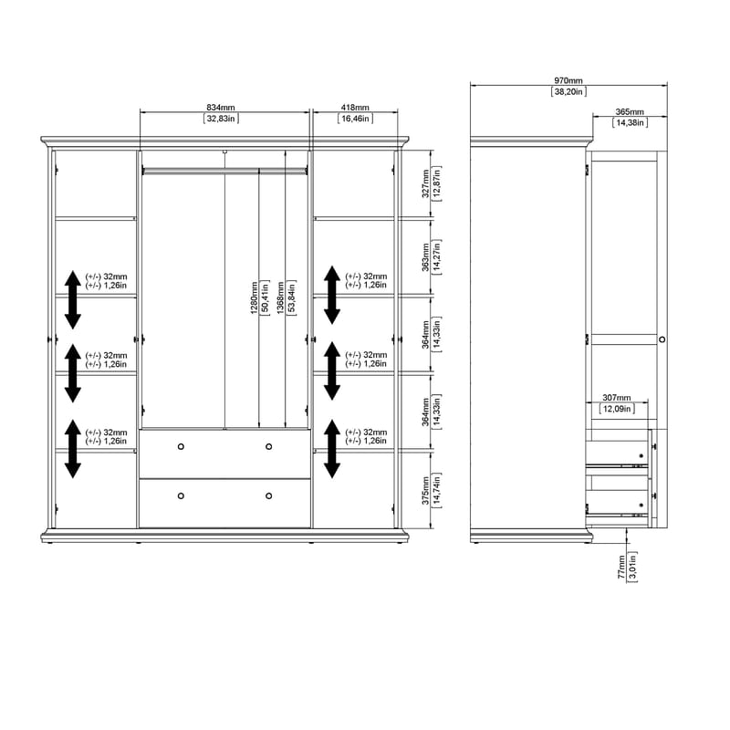 Paris Garderobeskab med 4 døre og 2 skuffer 181x61x201 cm - Opbevaring - Tøjopbevaring - Garderobeskabe - Garderobeskab & klædeskab