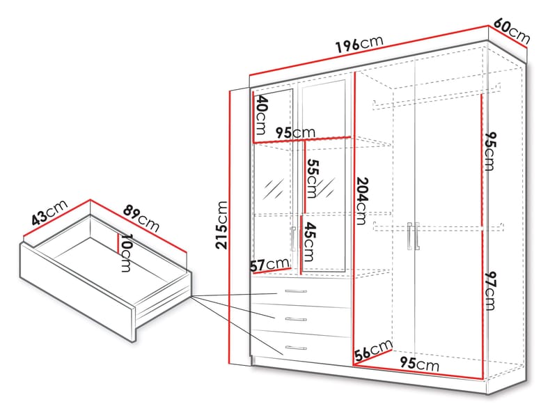 Pekin Garderobeskab med Spejl 215 cm - Opbevaring - Tøjopbevaring - Garderobeskabe