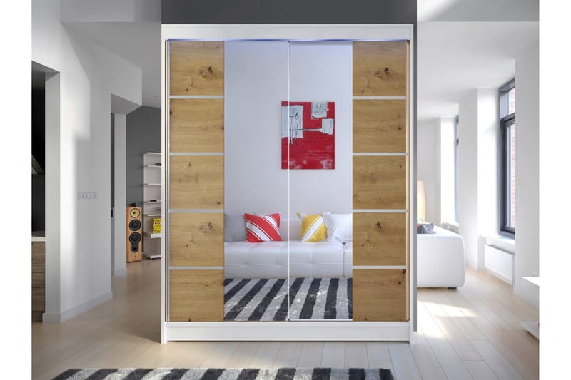 Pickering Garderobe Med Spejl 150x200 cm - Hvid/Brun - Opbevaring - Tøjopbevaring - Garderobeskabe