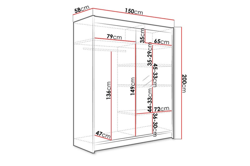 Pickering Garderobe med Spejl 150x200 cm LED-belysning - Sort - Opbevaring - Tøjopbevaring - Garderobeskabe