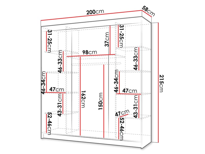 Piedras Garderobe med spejl 200x215 cm - Brun - Opbevaring - Tøjopbevaring - Garderobeskabe