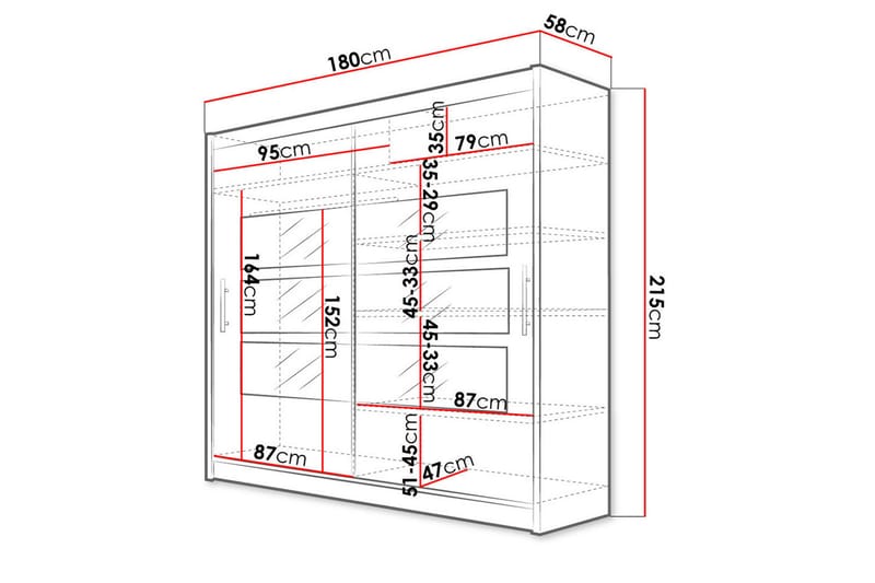 Prag Garderobe 180 cm Skydedøre Delt Spejl - Eg - Garderobeskabe - Garderobeskab & klædeskab