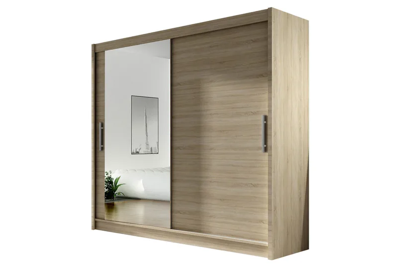 Prag Garderobe 180 cm Skydedøre Spejl, Eg