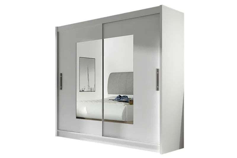 Prag Garderobe med Skydedøre Smalt Firkantet Spejl 180 cm, Hvid