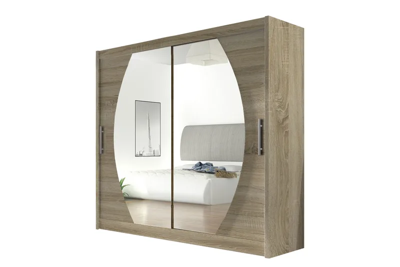 Prag Garderobe Skydedøre Rund Spejl, Eg