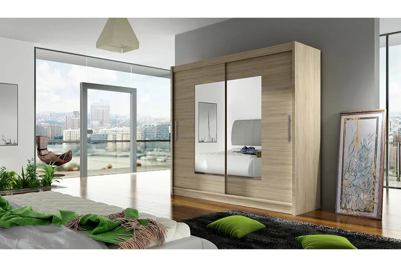 Prag Garderobe Skydedøre Smal Firkantet Spejl - Eg - Opbevaring - Tøjopbevaring - Garderobeskabe