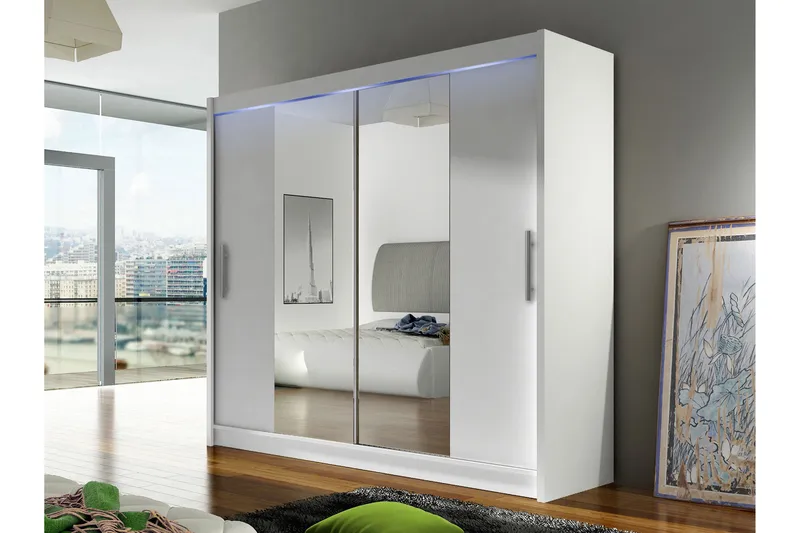 Prag Garderobeskab med Spejl 180x215 cm - Hvid - Opbevaring - Tøjopbevaring - Garderobeskabe