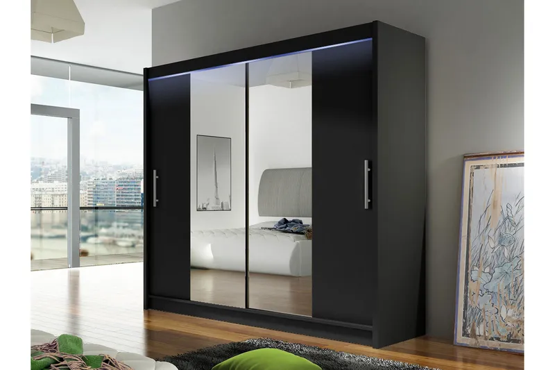 Prag Garderobeskab med Spejl 180x215 cm - Sort - Opbevaring - Tøjopbevaring - Garderobeskabe