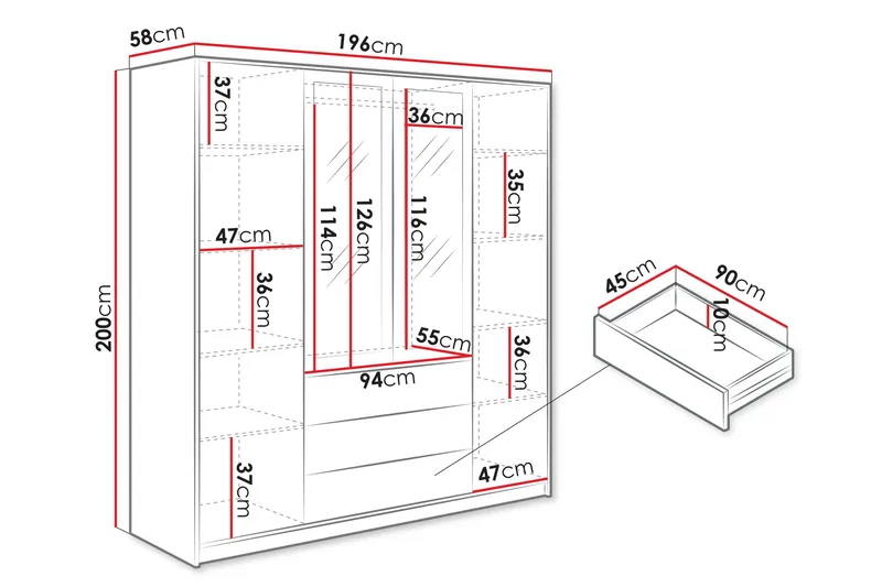 Retro Garderobe M. Spejl 196x200 cm - Opbevaring - Tøjopbevaring - Garderobeskabe