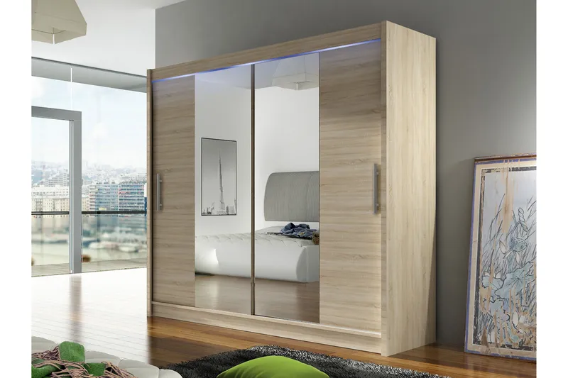 Rilievo Garderobeskab med Spejl 180 cm i Lyst Træ - Beige - Opbevaring - Tøjopbevaring - Garderobeskabe