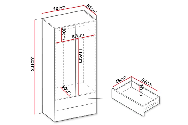 Sigmana Garderobe 90x201 cm - Lysegrå - Opbevaring - Tøjopbevaring - Garderobeskabe