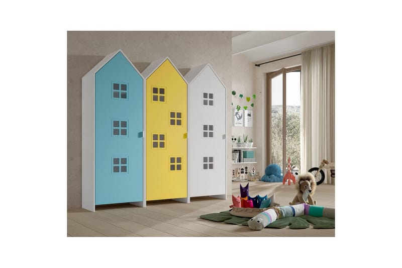 Skab Casami Brugge 3-delt med 3 Døre Hvid/Blå/Gul - Hvid/Blå/Gul - Opbevaring - Tøjopbevaring - Garderobeskabe - Garderobeskab & klædeskab