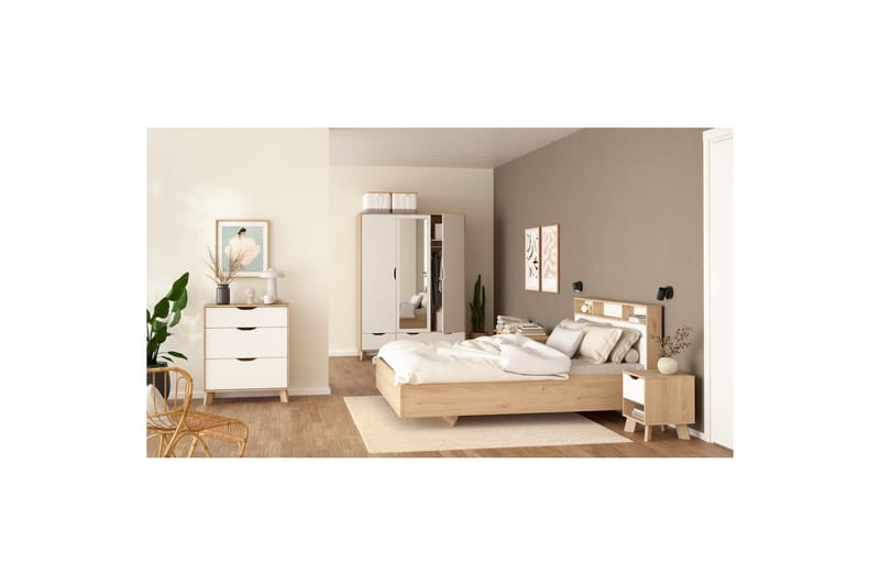 Sumita Garderobe med Spejl 147x201 cm - Hvid/Natur - Opbevaring - Tøjopbevaring - Garderobeskabe
