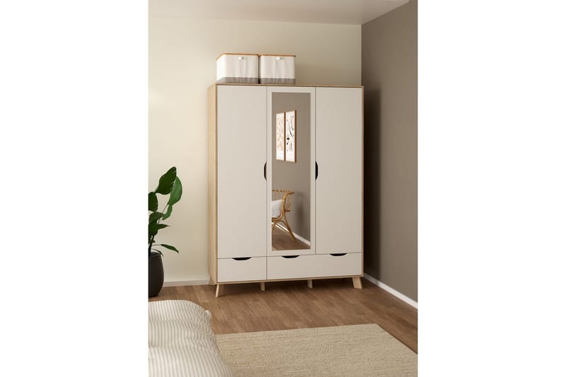 Sumita Garderobe med Spejl 147x201 cm - Hvid/Natur - Opbevaring - Tøjopbevaring - Garderobeskabe