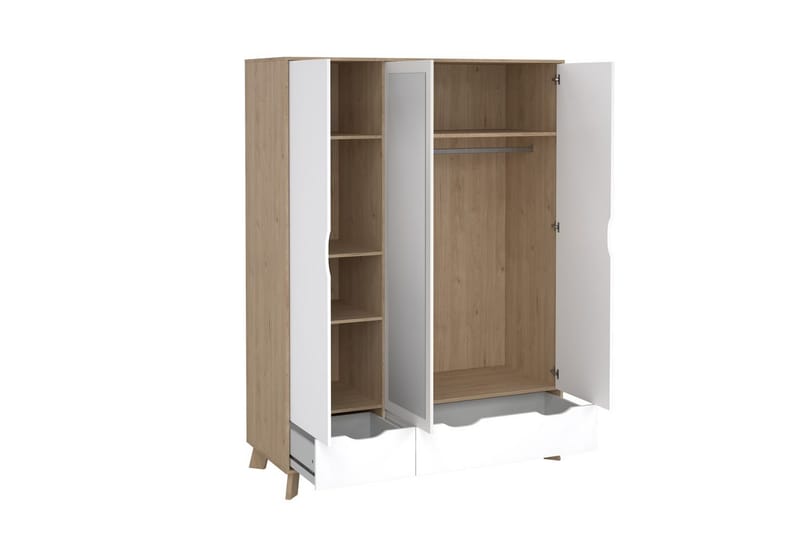 Sumita Garderobe med Spejl 147x201 cm - Hvid/Natur - Opbevaring - Tøjopbevaring - Garderobeskabe