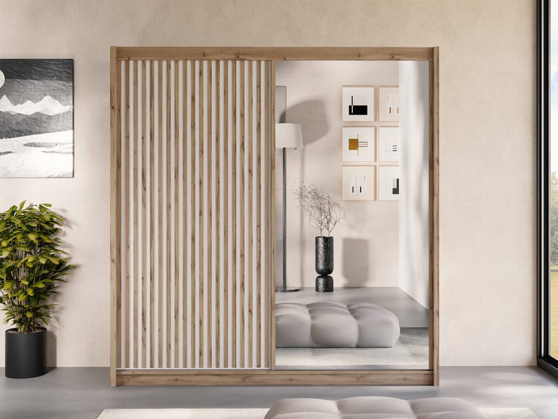 Swanley Garderobeskabeskab med spejl 203x215 cm - Brun/Hvid - Opbevaring - Tøjopbevaring - Garderobeskabe