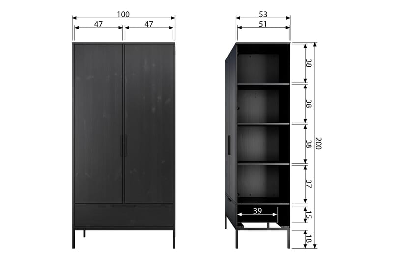 Swichor garderobe 180 cm - Sort - Opbevaring - Tøjopbevaring - Garderobeskabe