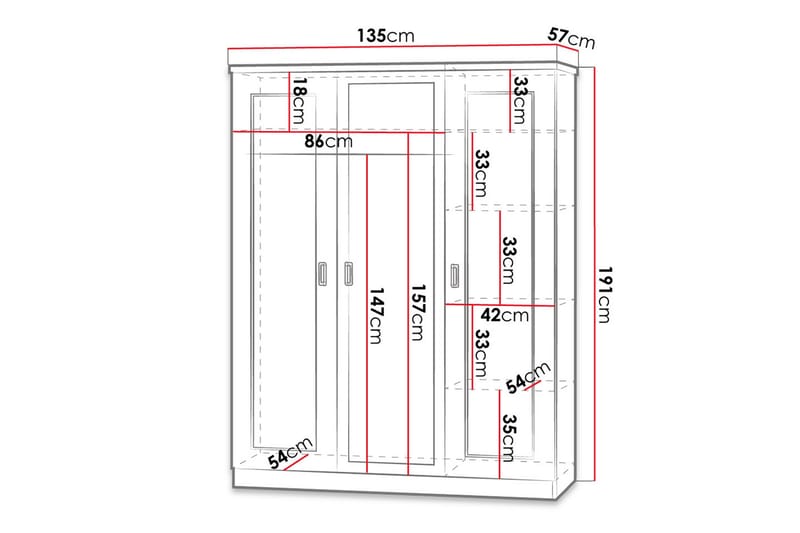 Tadeusz Garderobe 135x57x190 cm - Opbevaring - Tøjopbevaring - Garderobeskabe