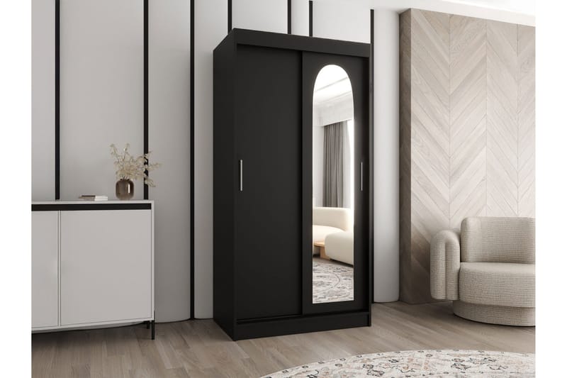 Tallmo Garderobeskab med Spejl 100x200 cm i Træ - Sort - Opbevaring - Tøjopbevaring - Garderobeskabe