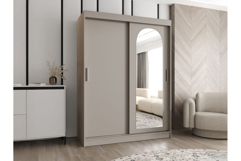 Tallmo Garderobeskab med Spejl 150x200 cm i Malet Træ - Beige - Opbevaring - Tøjopbevaring - Garderobeskabe