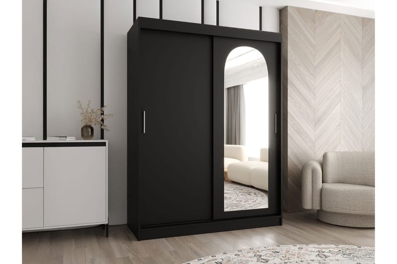 Tallmo Garderobeskab med Spejl 150x200 cm i Malet Træ - Sort - Opbevaring - Tøjopbevaring - Garderobeskabe