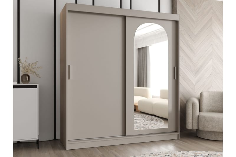 Tallmo Garderobeskab med Spejl 180x200 cm i Malet Træ - Beige - Opbevaring - Tøjopbevaring - Garderobeskabe