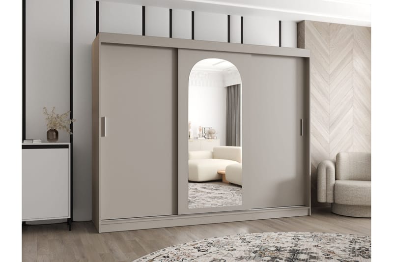 Tallmo Garderobeskab med Spejl 250x200 cm i Malet Træ - Beige - Opbevaring - Tøjopbevaring - Garderobeskabe